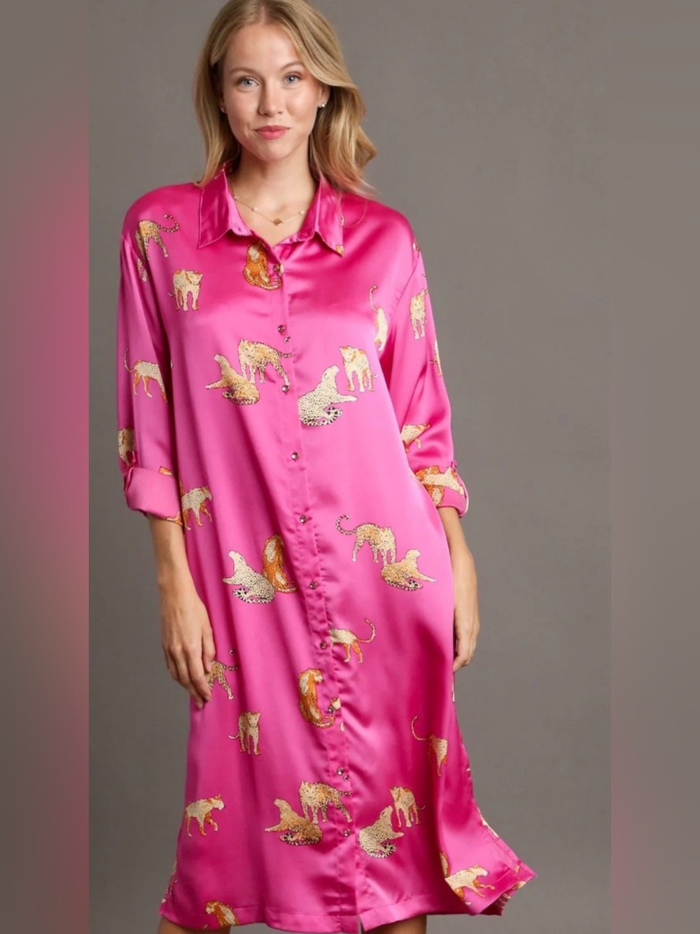 NWT Umgee Full Size Animal Print Button Down Midi Shirt Dress
